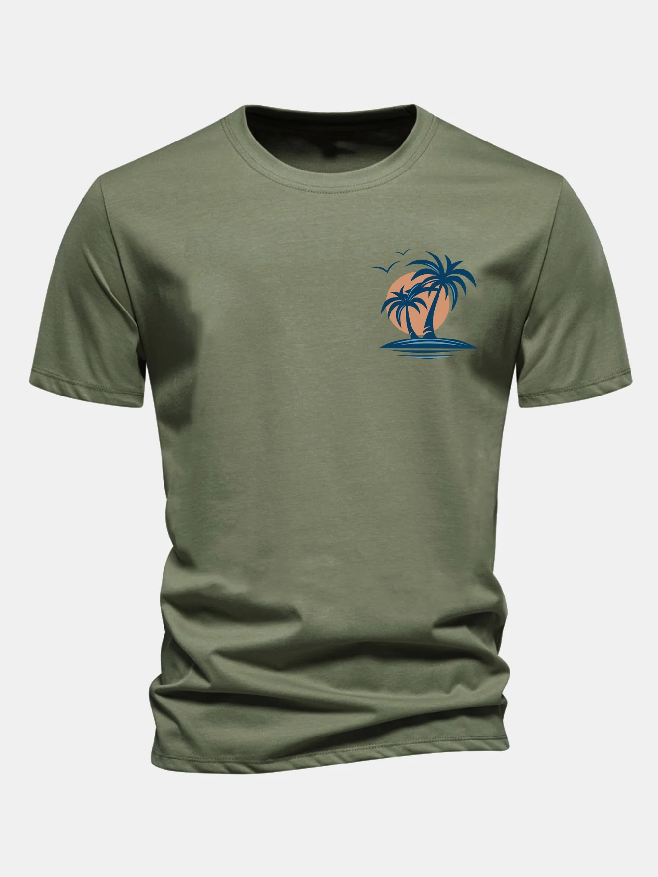 Regular Fit Palm Tree Seagull Print Cotton T-Shirt - Image 4
