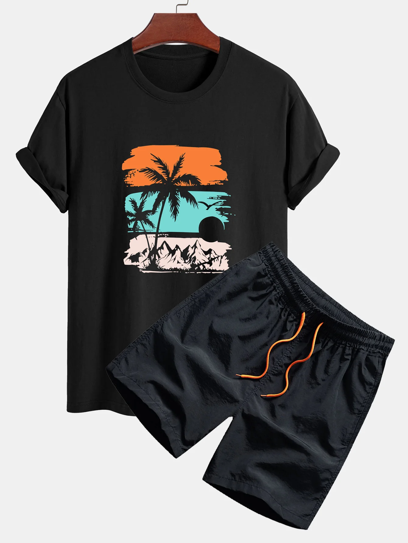 Reguläre Passform Palmbaum-Silhouette Druck Baumwoll-T-Shirt & Badehosen - Image 2