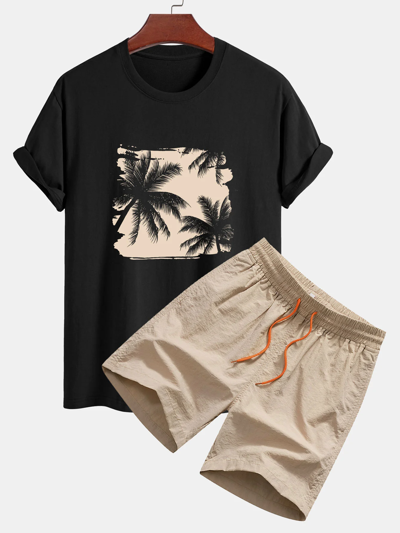 Reguläre Passform Palmbaum-Silhouette Druck Baumwoll-T-Shirt & Badehose