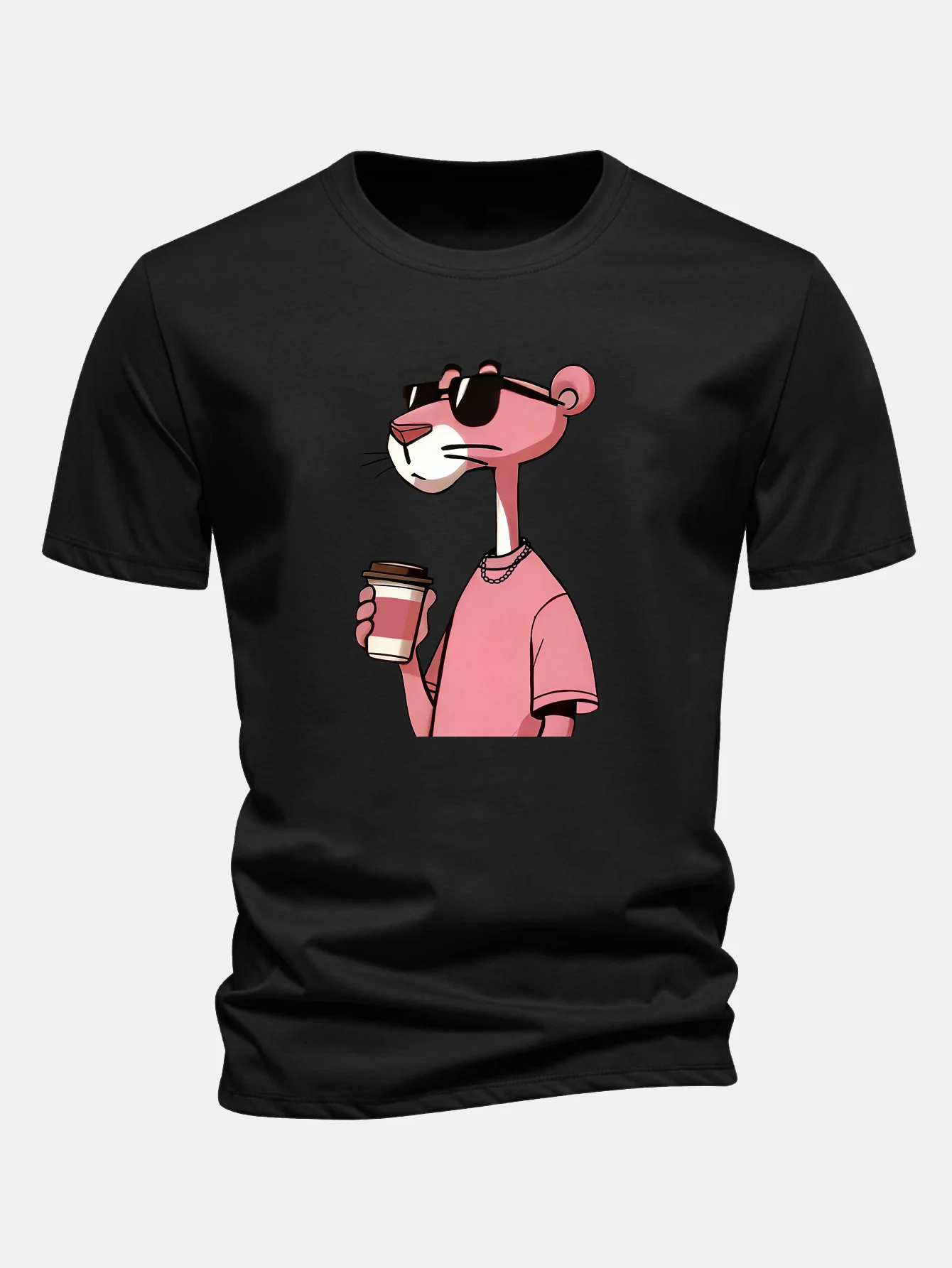 Regular Fit Pink Panther Drinking Coffee Print Cotton T-Shirt - Image 2
