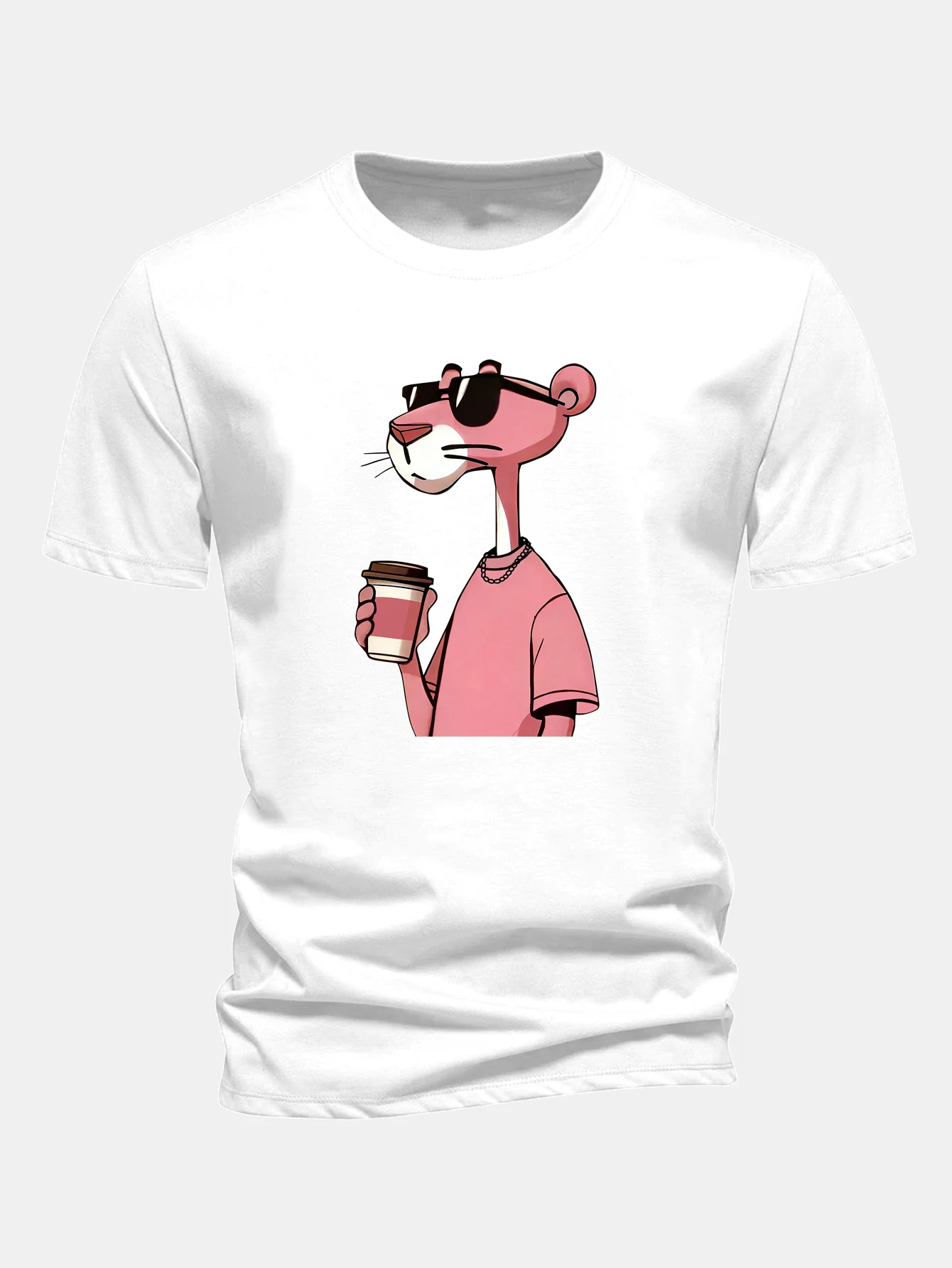 Regular Fit Pink Panther Drinking Coffee Print Cotton T-Shirt - Image 3