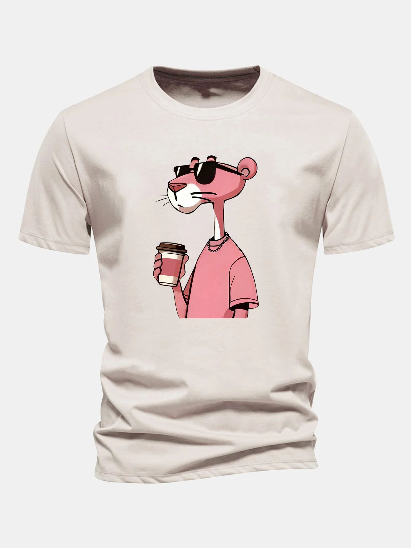 Regular Fit Pink Panther Drinking Coffee Print Cotton T-Shirt - Image 4