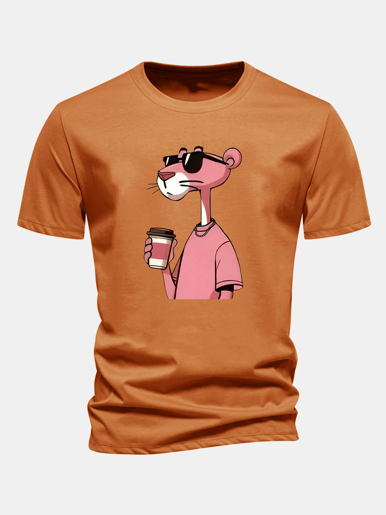 Regular Fit Pink Panther Drinking Coffee Print Cotton T-Shirt - Image 6