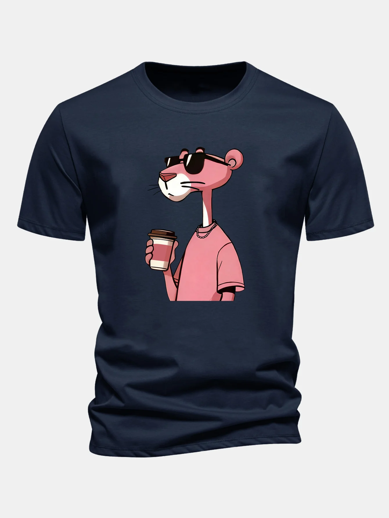 Regular Fit Pink Panther Drinking Coffee Print Cotton T-Shirt - Image 7