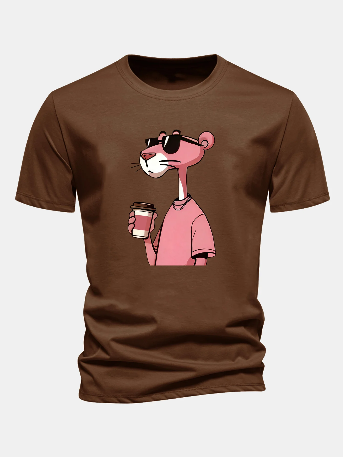 Regular Fit Pink Panther Drinking Coffee Print Cotton T-Shirt - Image 8