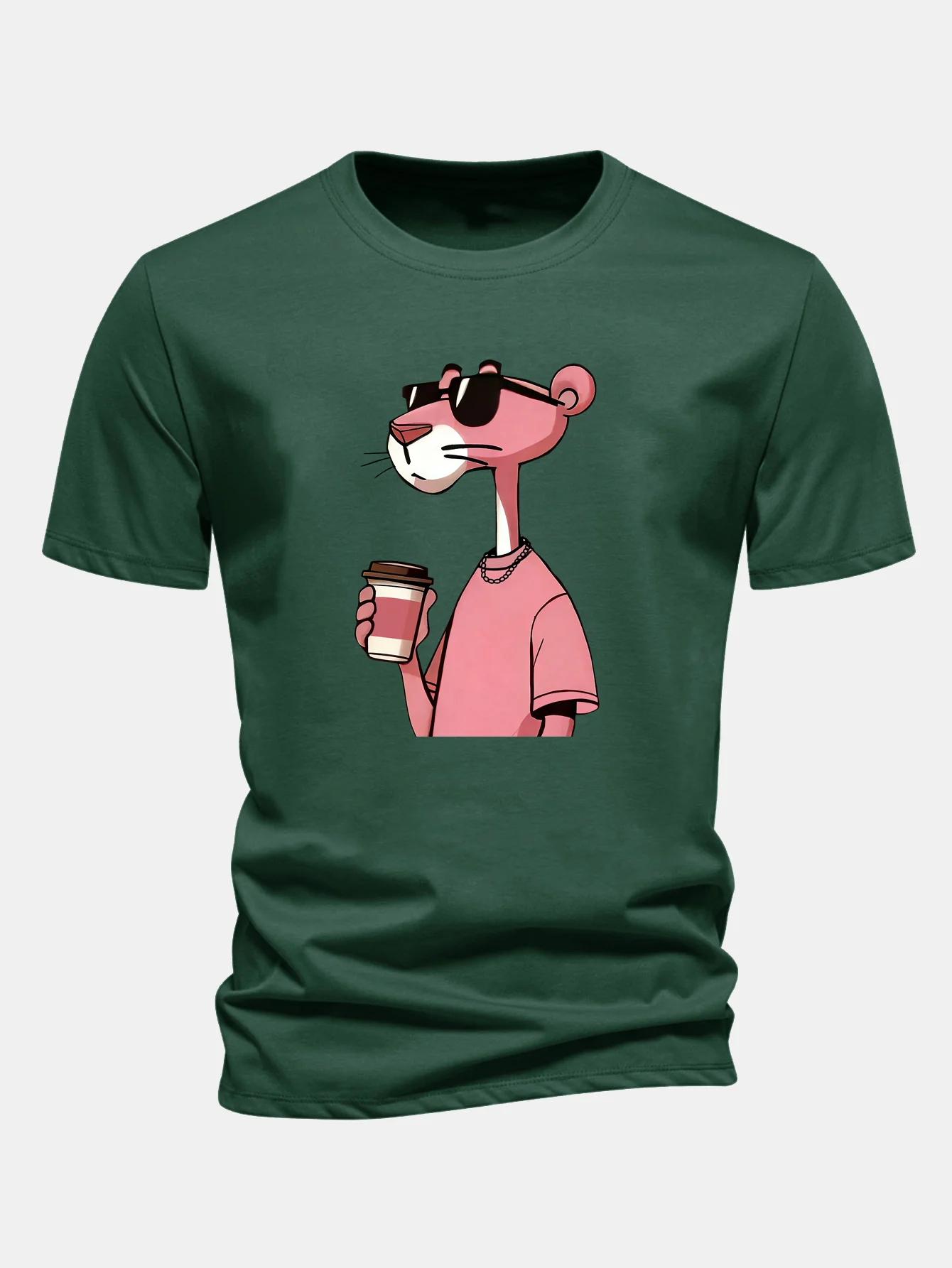 Regular Fit Pink Panther Drinking Coffee Print Cotton T-Shirt - Image 9