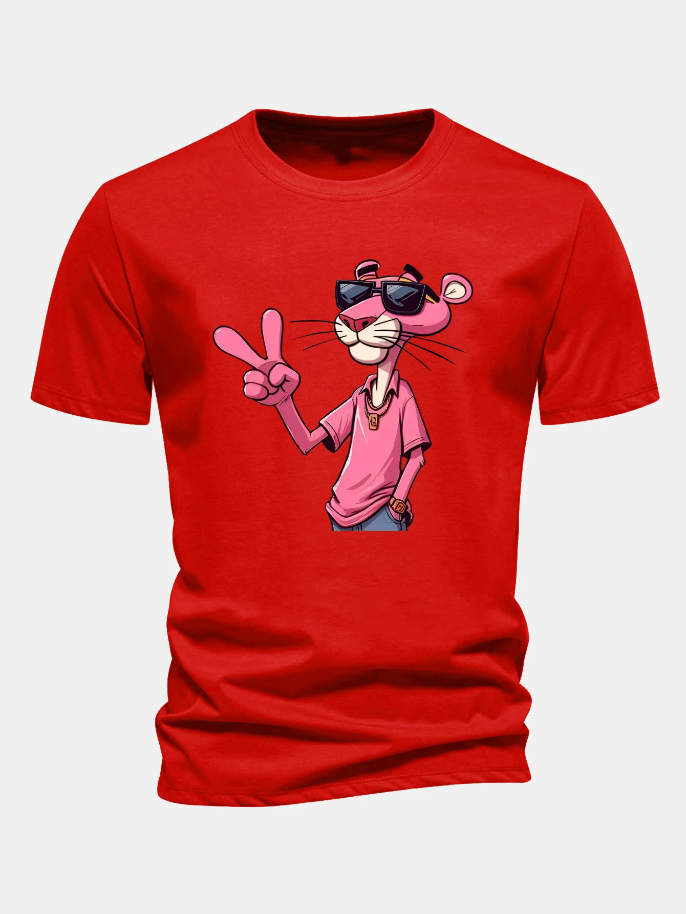 Regular Fit Pink Panther With V Sign Print Cotton T-Shirt - Image 12