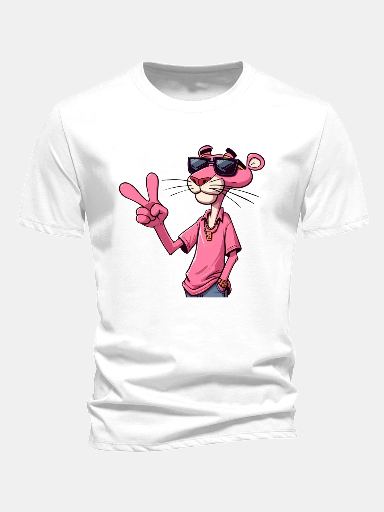 Regular Fit Pink Panther With V Sign Print Cotton T-Shirt - Image 2