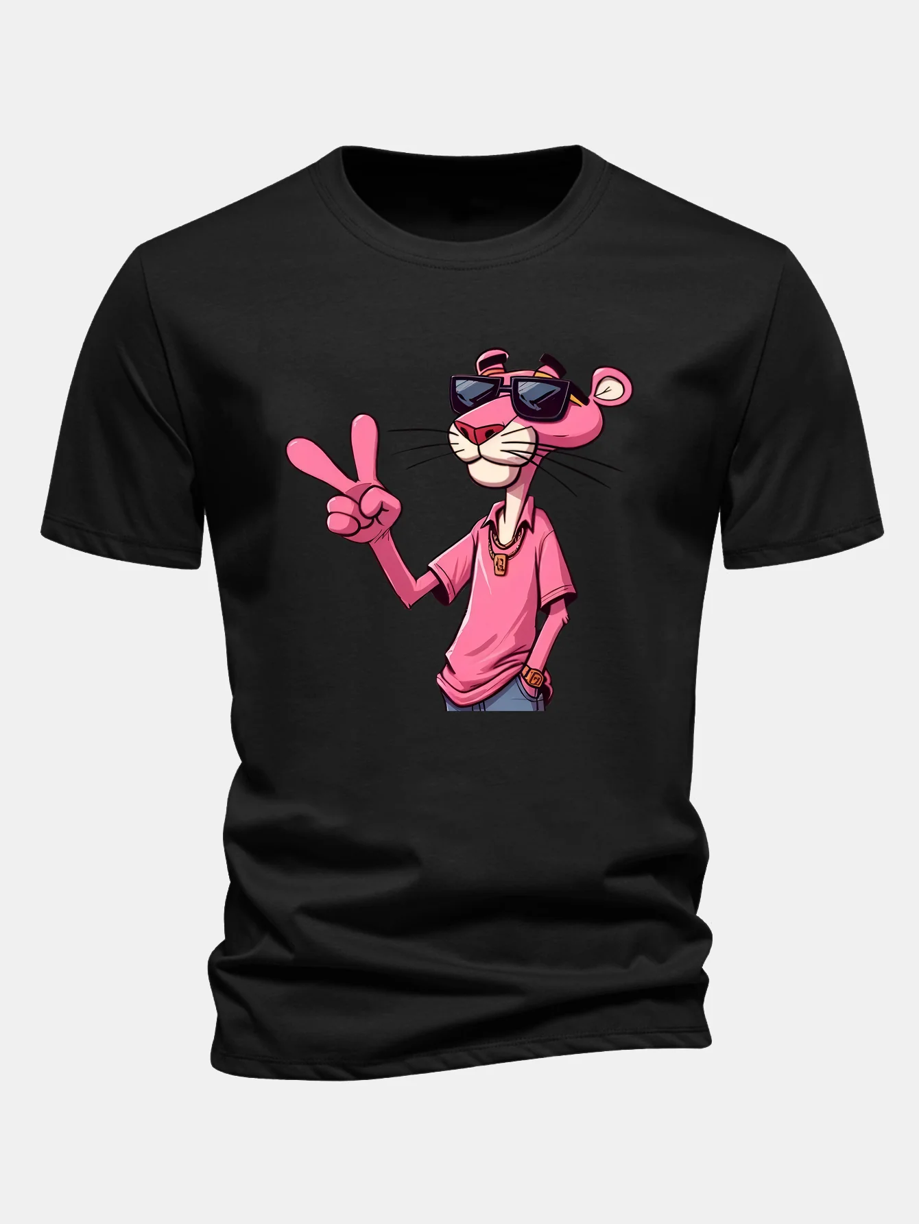 Regular Fit Pink Panther With V Sign Print Cotton T-Shirt - Image 3