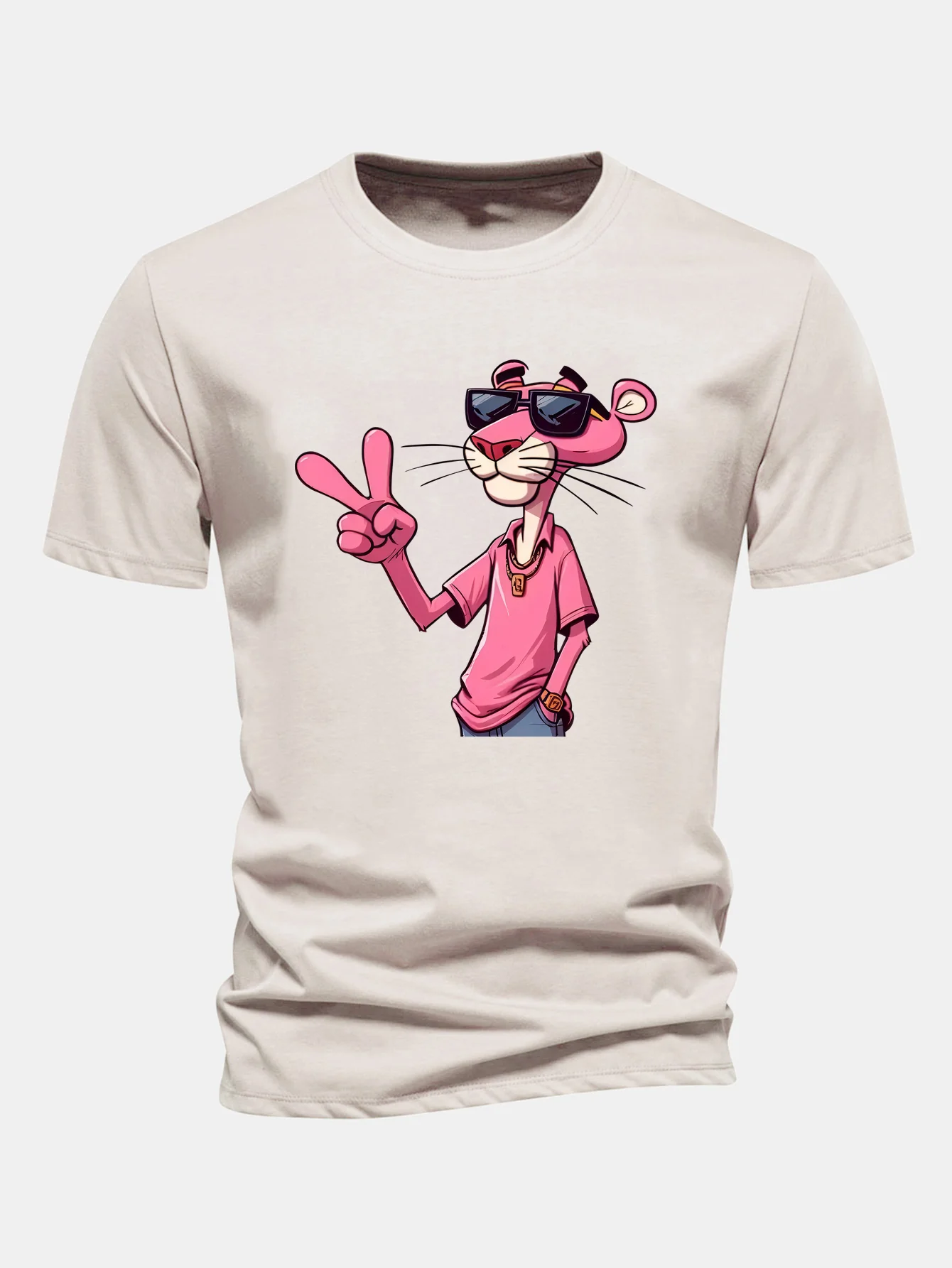 Regular Fit Pink Panther With V Sign Print Cotton T-Shirt - Image 4