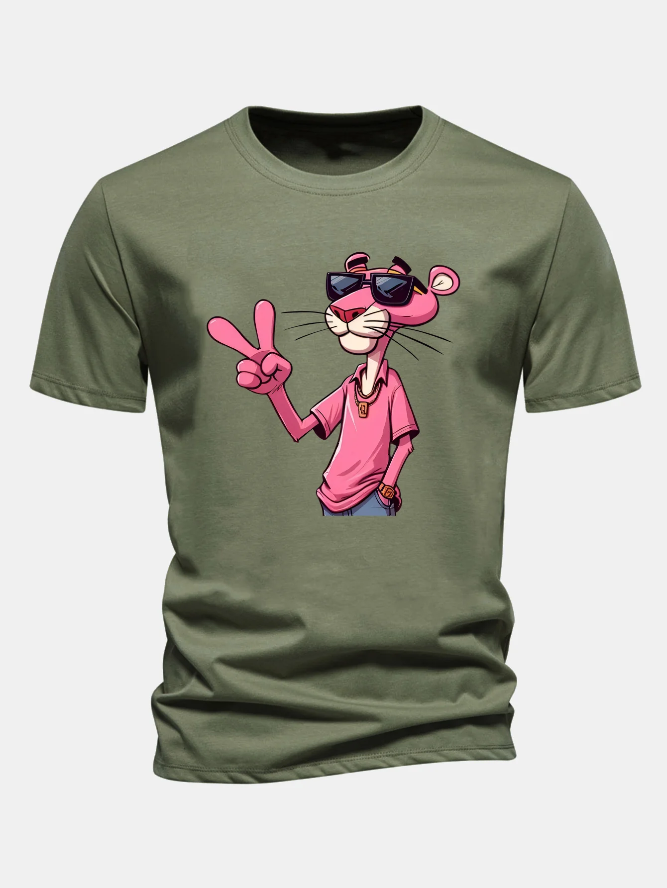 Regular Fit Pink Panther With V Sign Print Cotton T-Shirt - Image 5