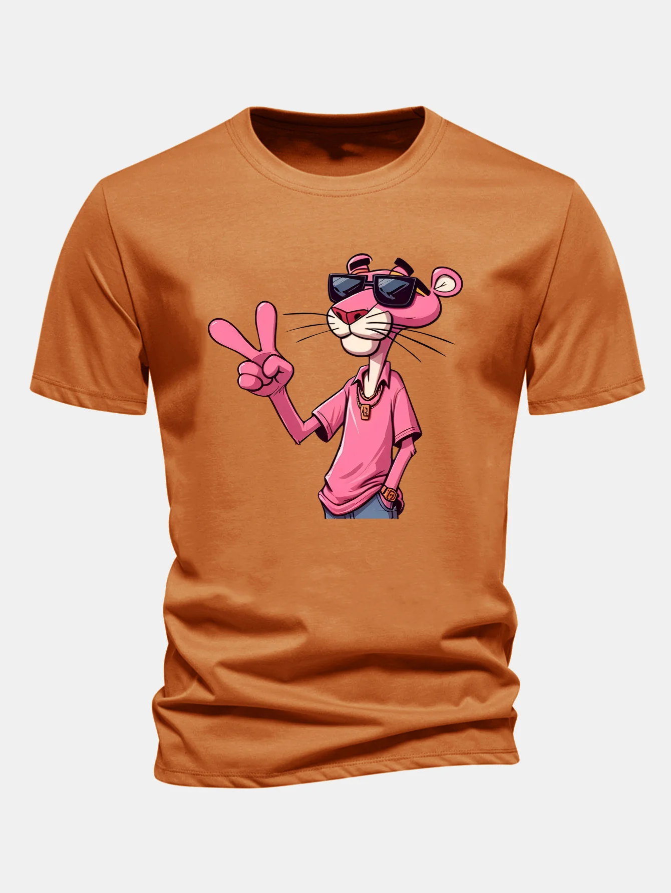 Regular Fit Pink Panther With V Sign Print Cotton T-Shirt - Image 6