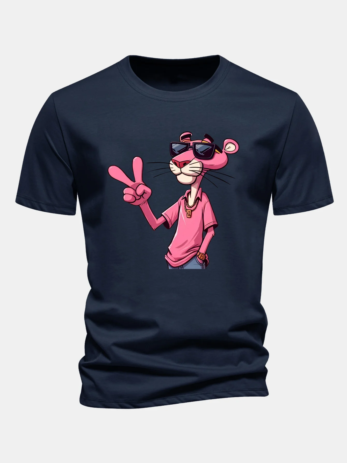 Regular Fit Pink Panther With V Sign Print Cotton T-Shirt - Image 7