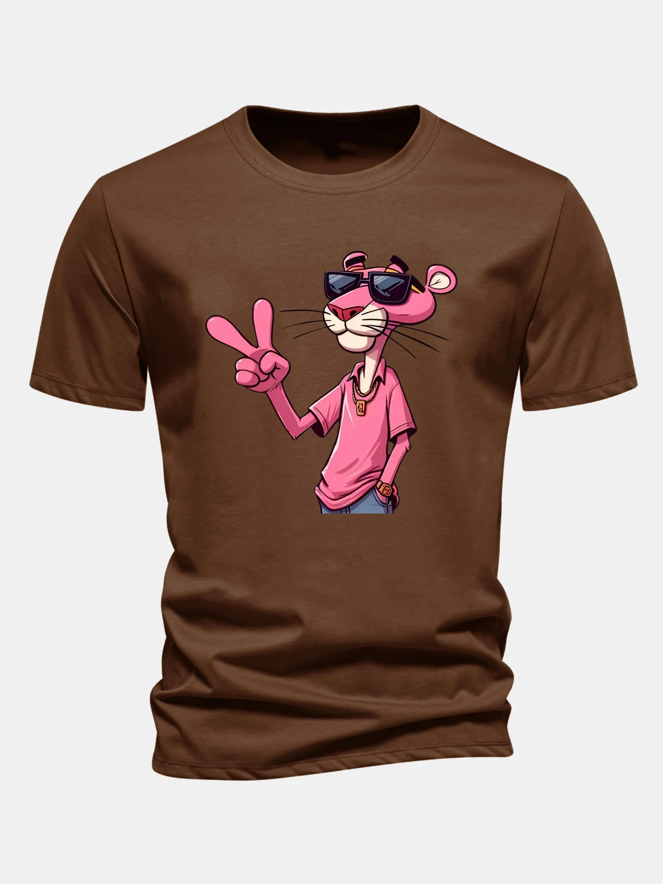 Regular Fit Pink Panther With V Sign Print Cotton T-Shirt - Image 8