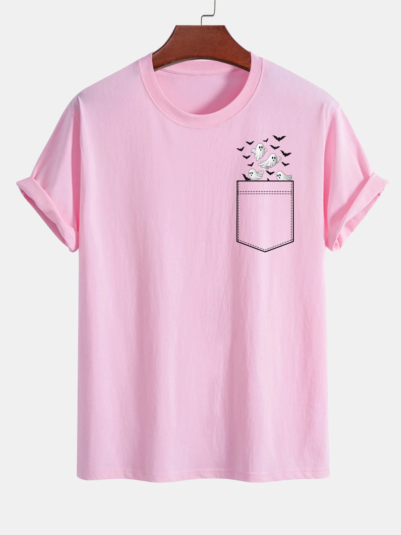 Regular Fit Taschen-Bat-Geisterdruck Baumwoll-T-Shirt