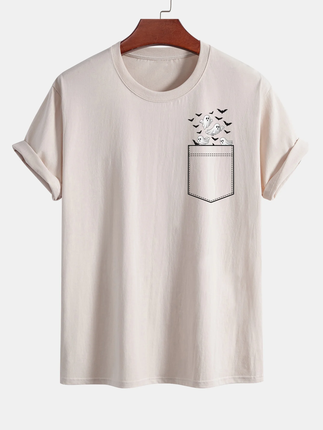 Regular Fit Taschen-Bat-Geisterdruck Baumwoll-T-Shirt - Image 12