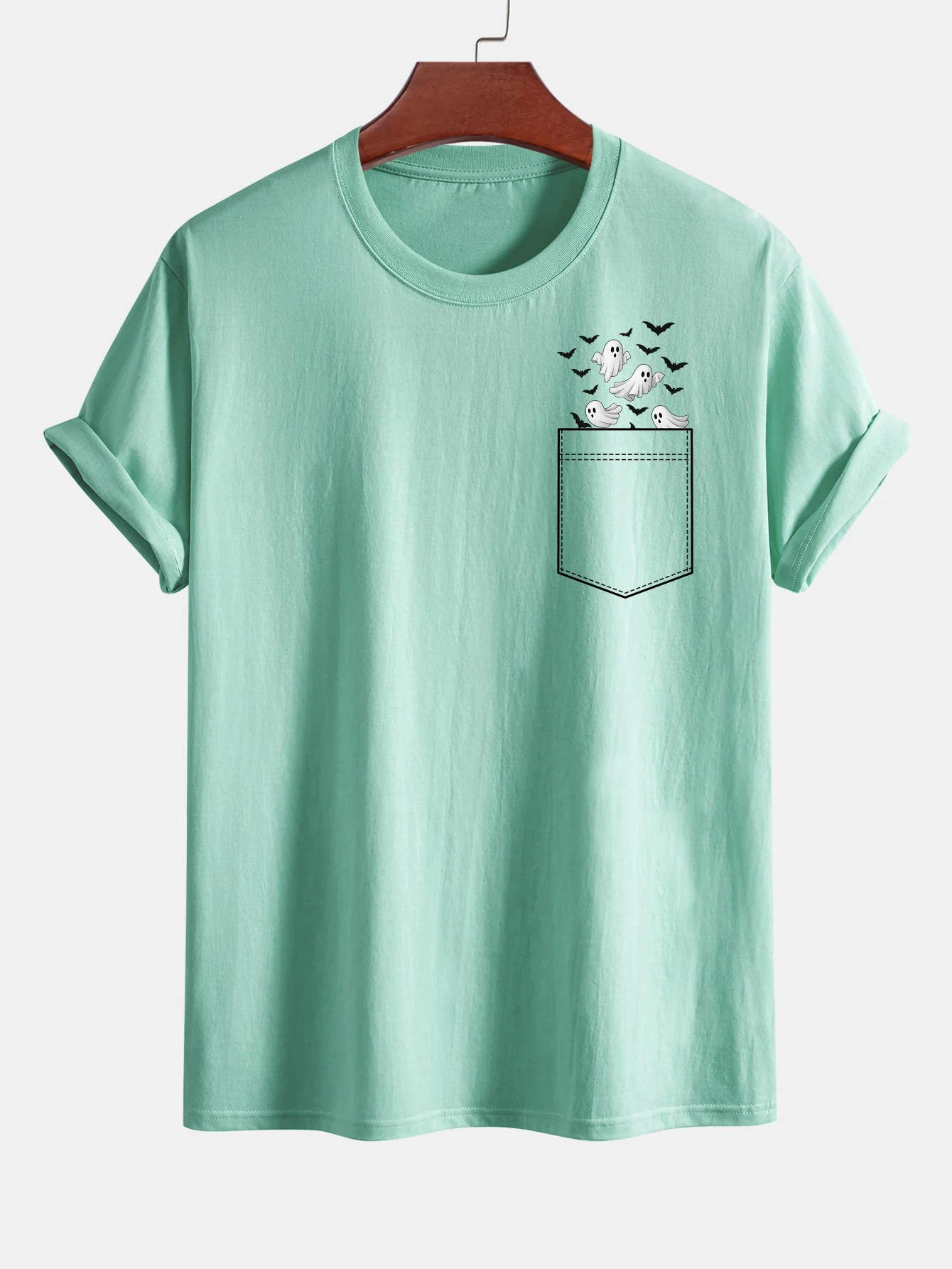 Regular Fit Taschen-Bat-Geisterdruck Baumwoll-T-Shirt - Image 2