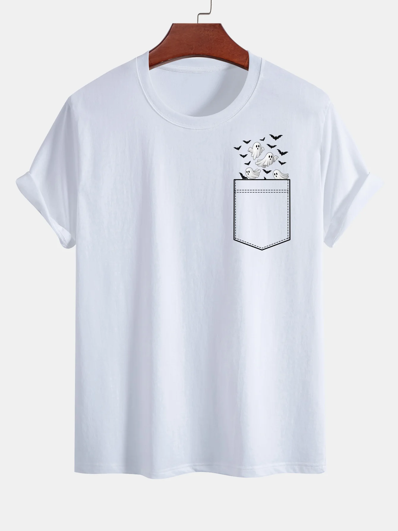 Regular Fit Taschen-Bat-Geisterdruck Baumwoll-T-Shirt - Image 4