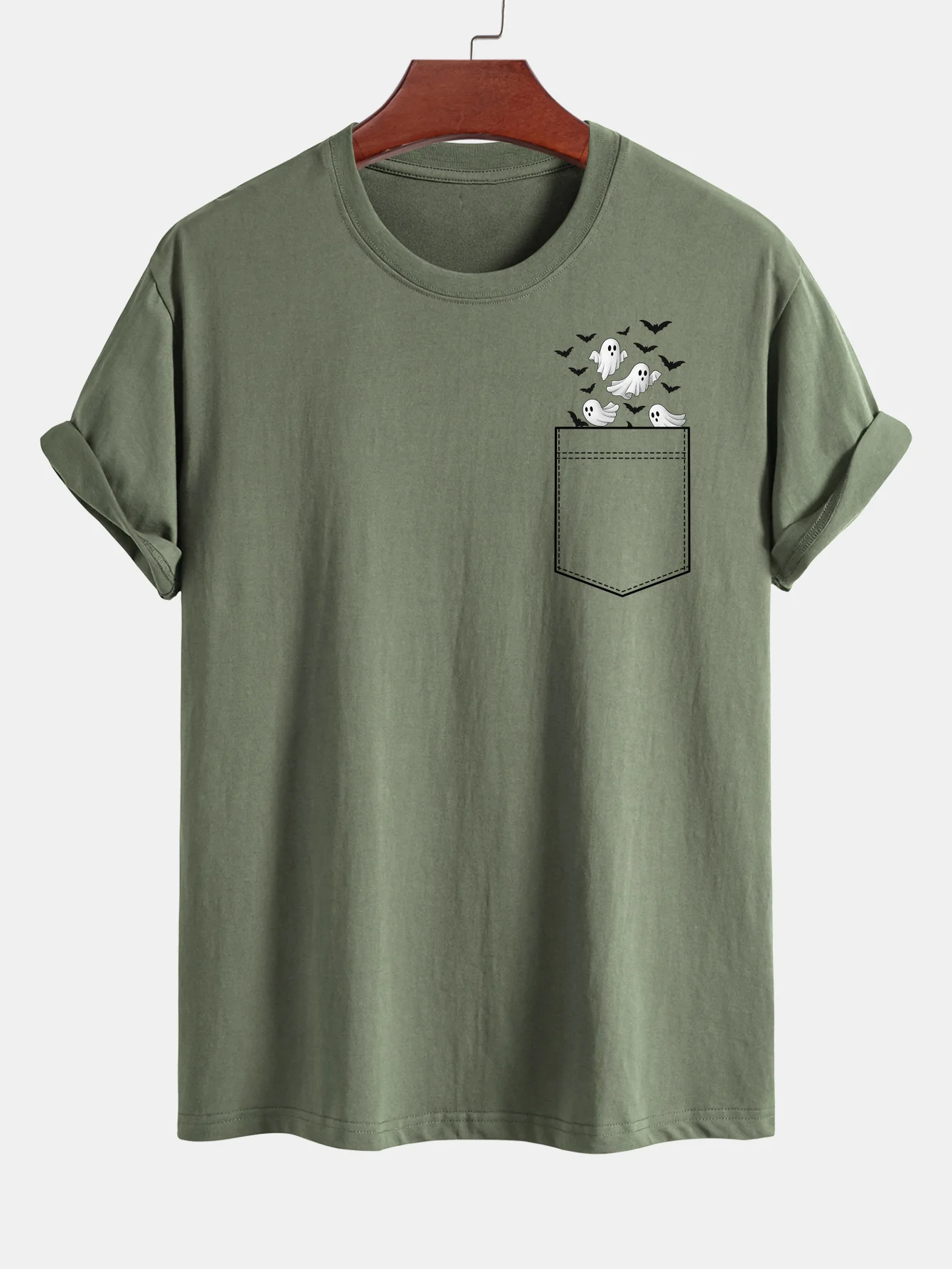 Regular Fit Taschen-Bat-Geisterdruck Baumwoll-T-Shirt - Image 6