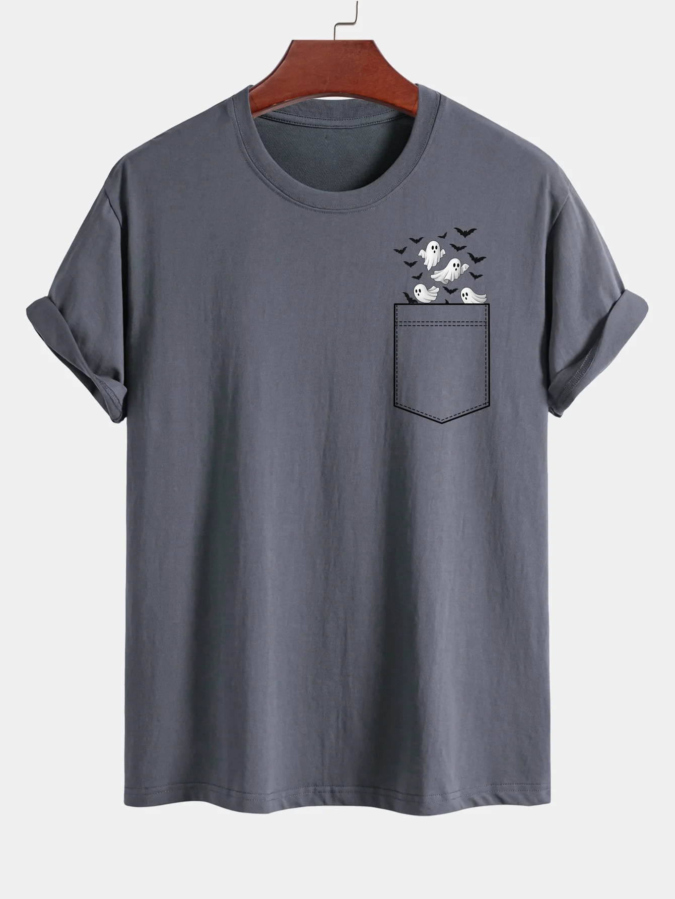 Regular Fit Taschen-Bat-Geisterdruck Baumwoll-T-Shirt - Image 8