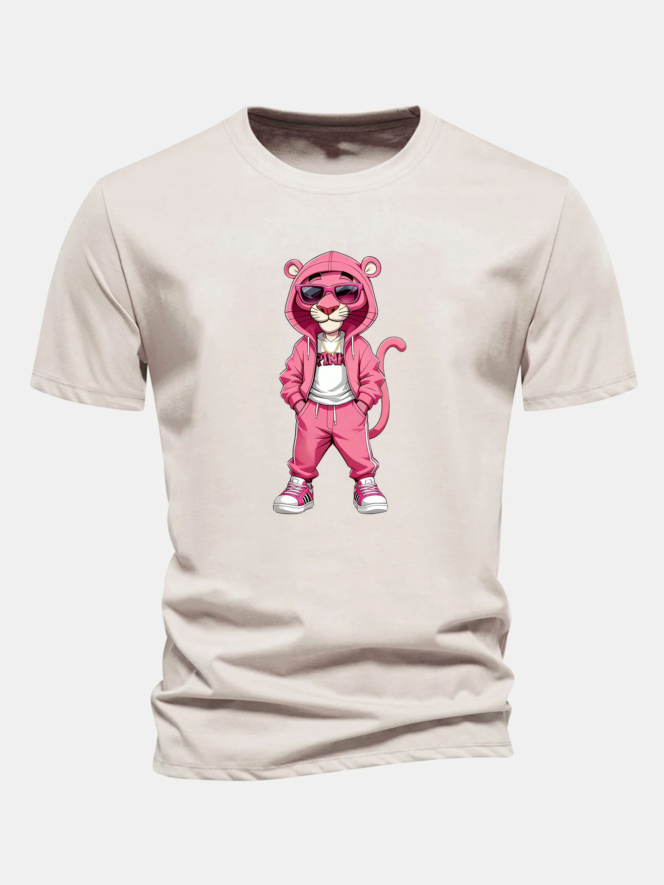 Regular Fit Street Fashion Pink Panther Print Cotton T-Shirt - Image 4