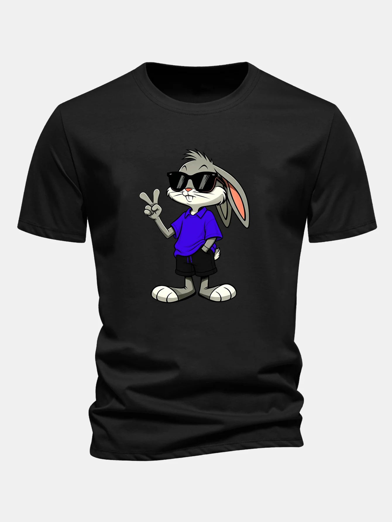 Regular Fit Sunglasses Bunny With V Sign Print Cotton T-Shirt - Image 2