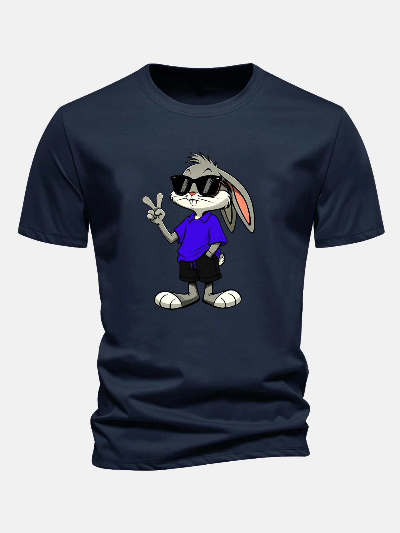 Regular Fit Sunglasses Bunny With V Sign Print Cotton T-Shirt - Image 3
