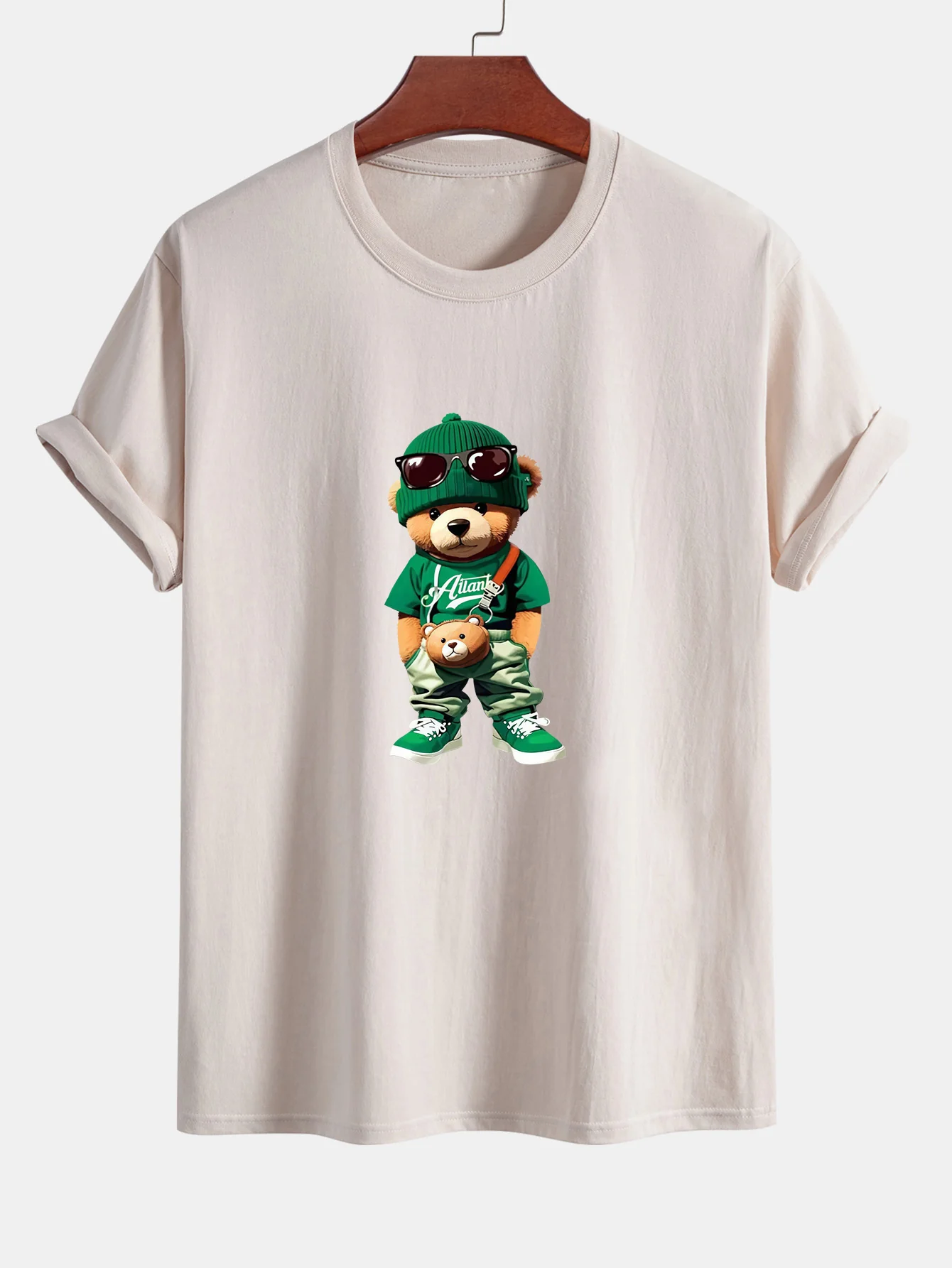 Reguläre Passform Trendy Bären Druck Baumwoll T-Shirt - Image 3