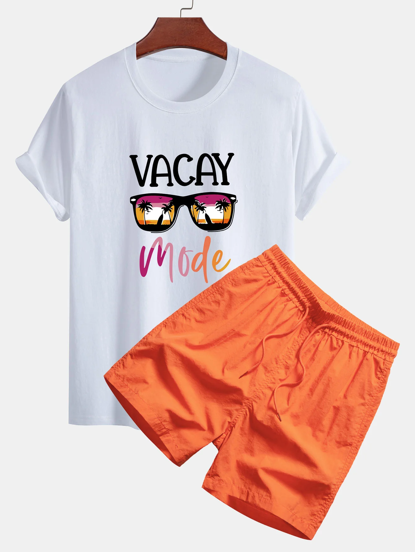 Regular Fit Vacay Mode Print Baumwoll-T-Shirt & Herren Mid Length Drawstring Swim Shorts - Image 3