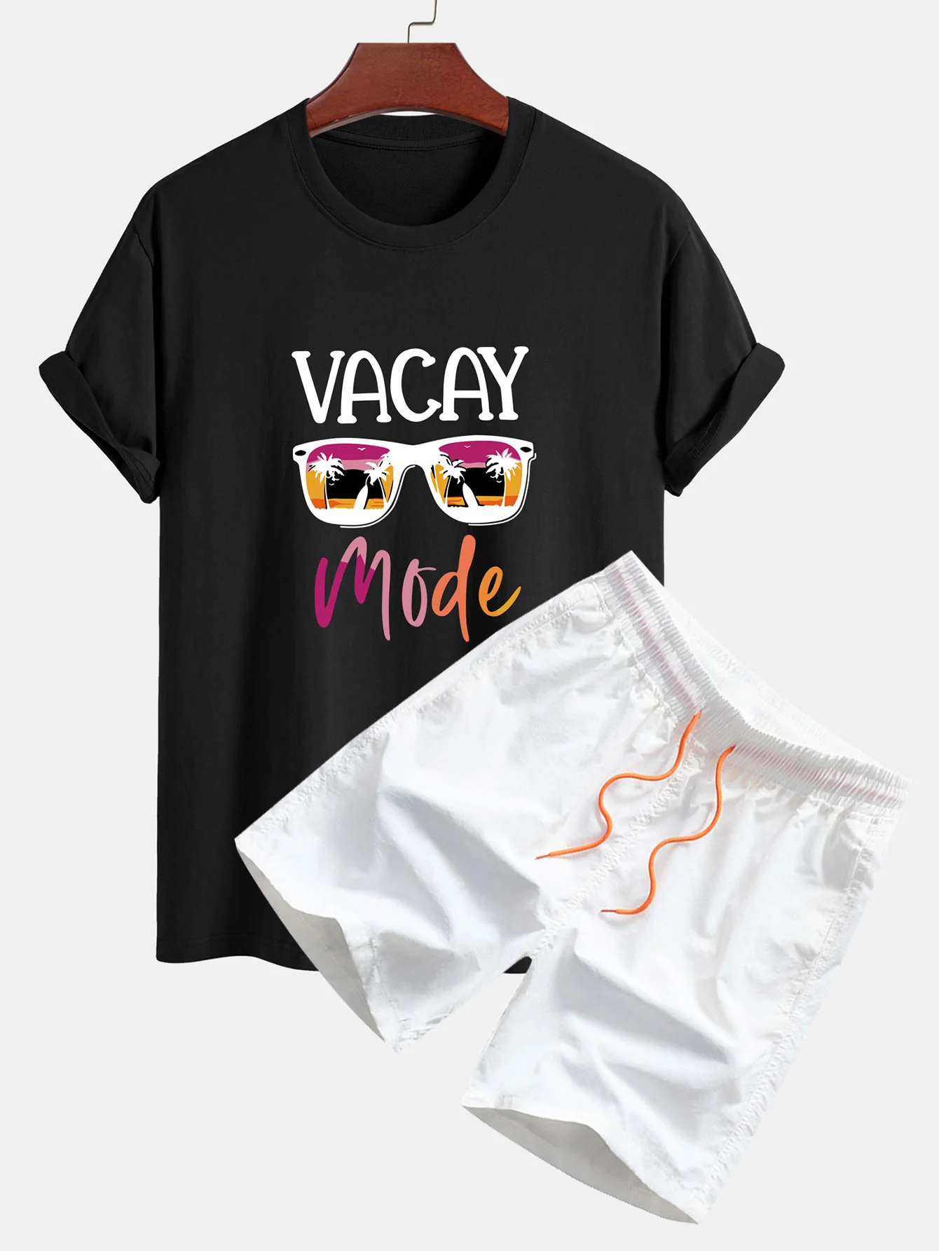 Regular Fit Vacay Mode Print Baumwoll-T-Shirt & Herren Mid Length Drawstring Swim Shorts - Image 4