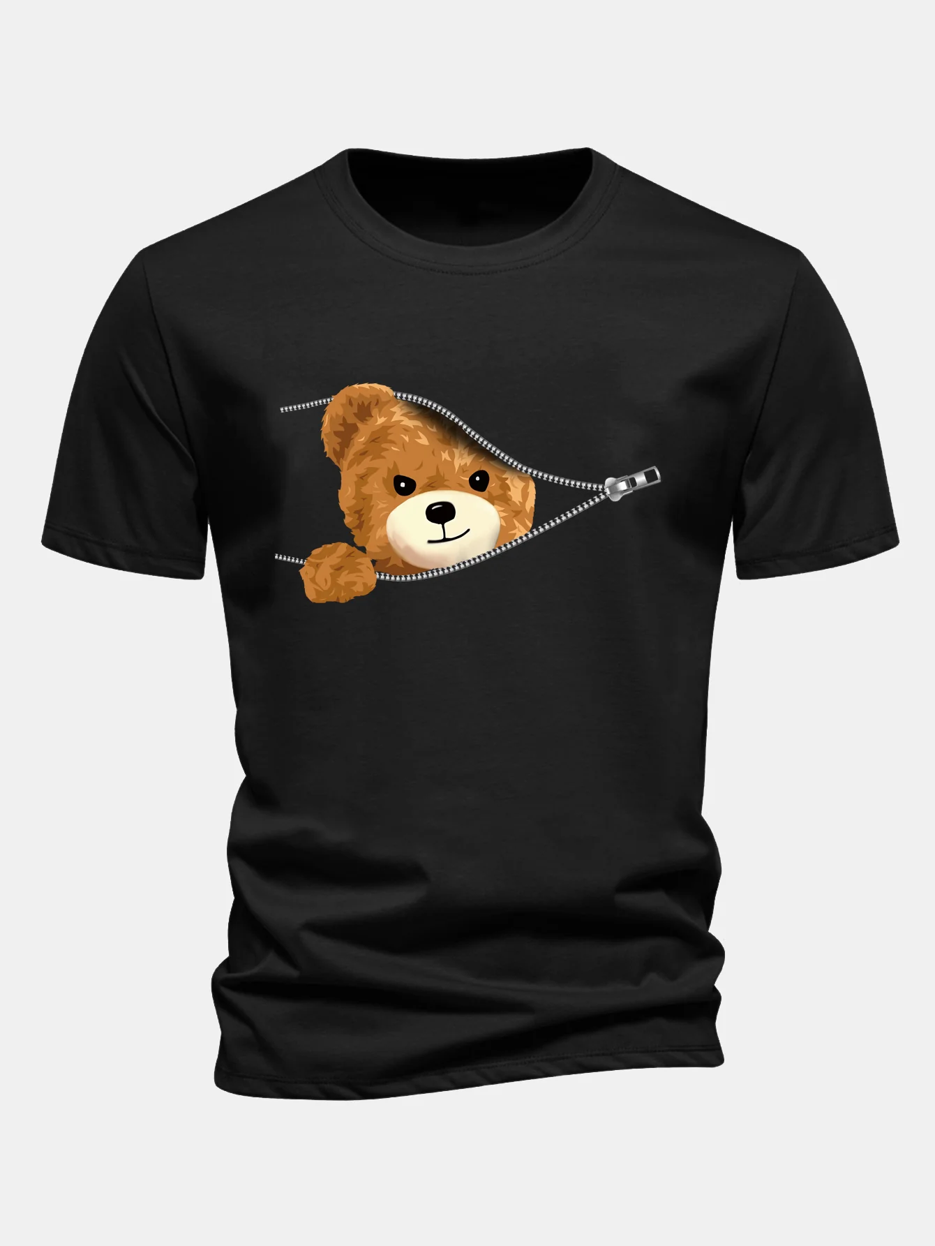 Regular Fit Reißverschluss Bärenmotiv Baumwoll-T-Shirt