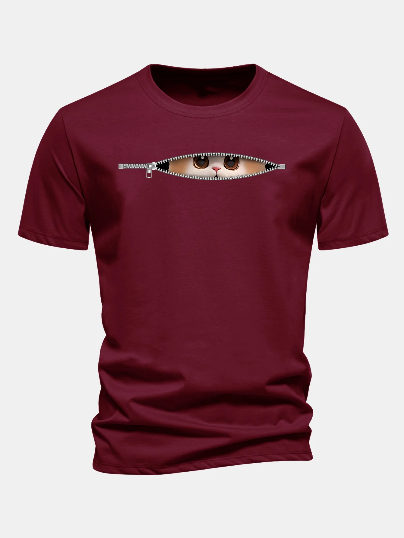Regular Fit Zipper Cat Print Cotton T-Shirt - Image 10