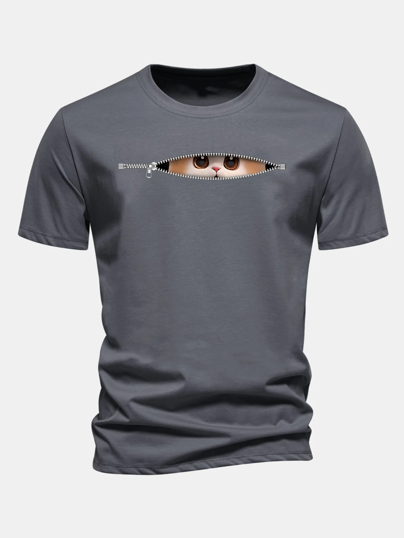 Regular Fit Zipper Cat Print Cotton T-Shirt - Image 11