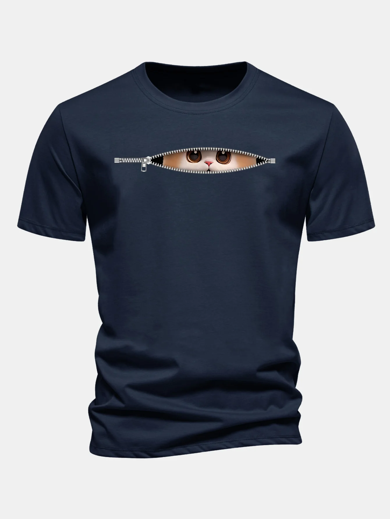 Regular Fit Zipper Cat Print Cotton T-Shirt - Image 2