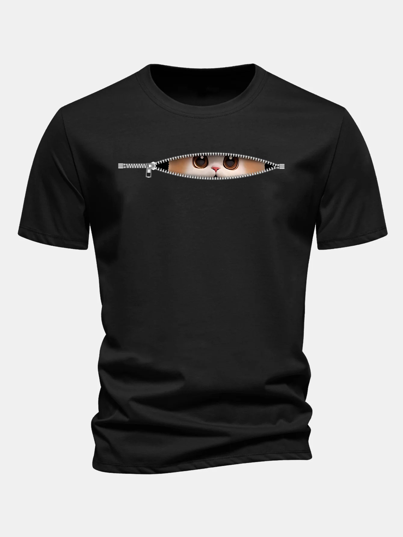 Regular Fit Zipper Cat Print Cotton T-Shirt - Image 3
