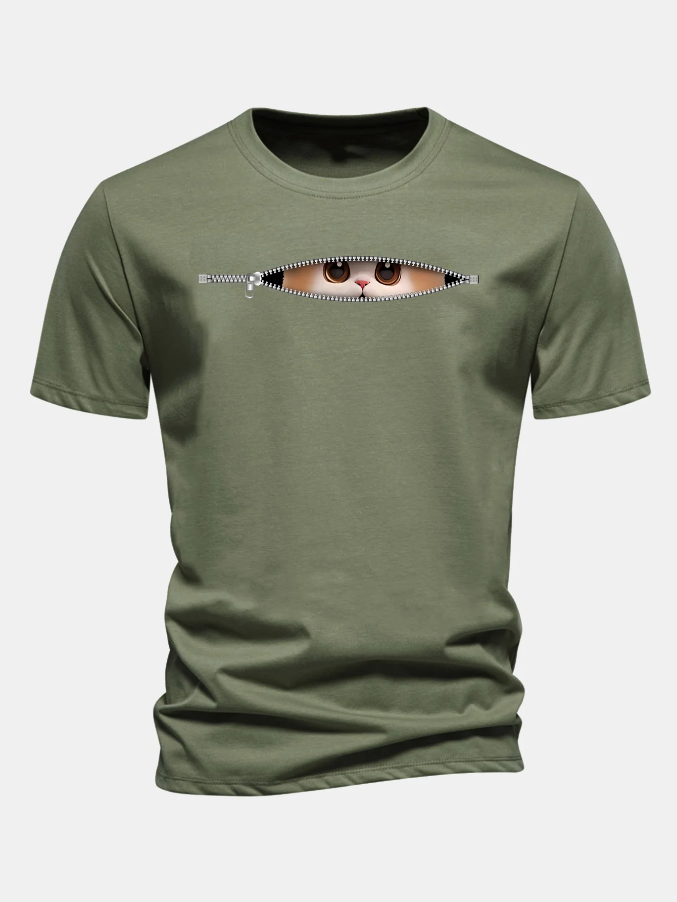Regular Fit Zipper Cat Print Cotton T-Shirt - Image 4