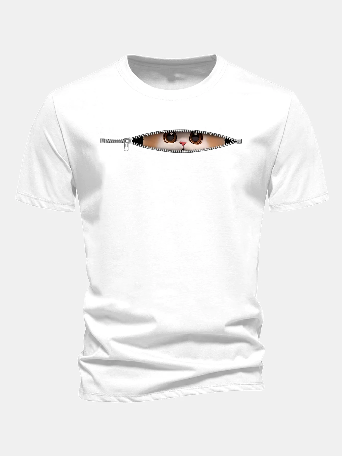Regular Fit Zipper Cat Print Cotton T-Shirt - Image 5