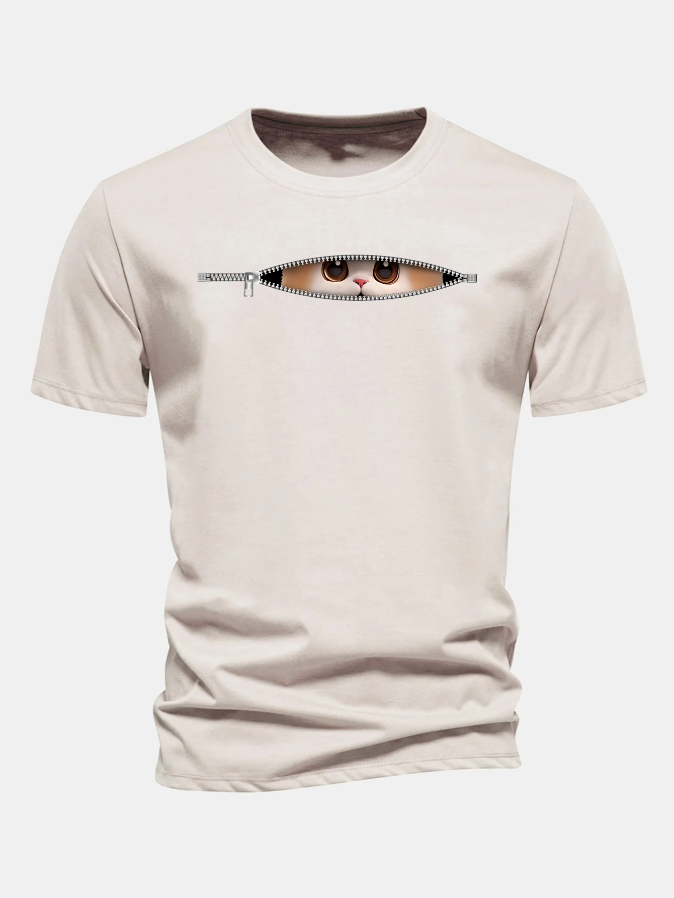 Regular Fit Zipper Cat Print Cotton T-Shirt - Image 6