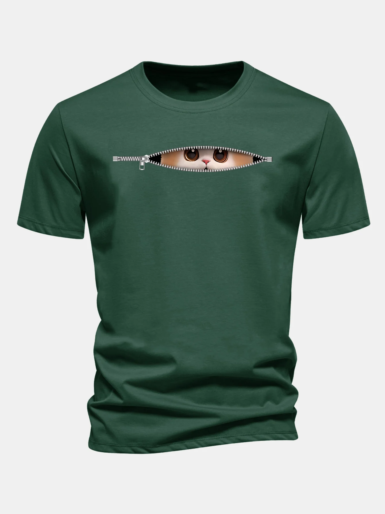 Regular Fit Zipper Cat Print Cotton T-Shirt - Image 9