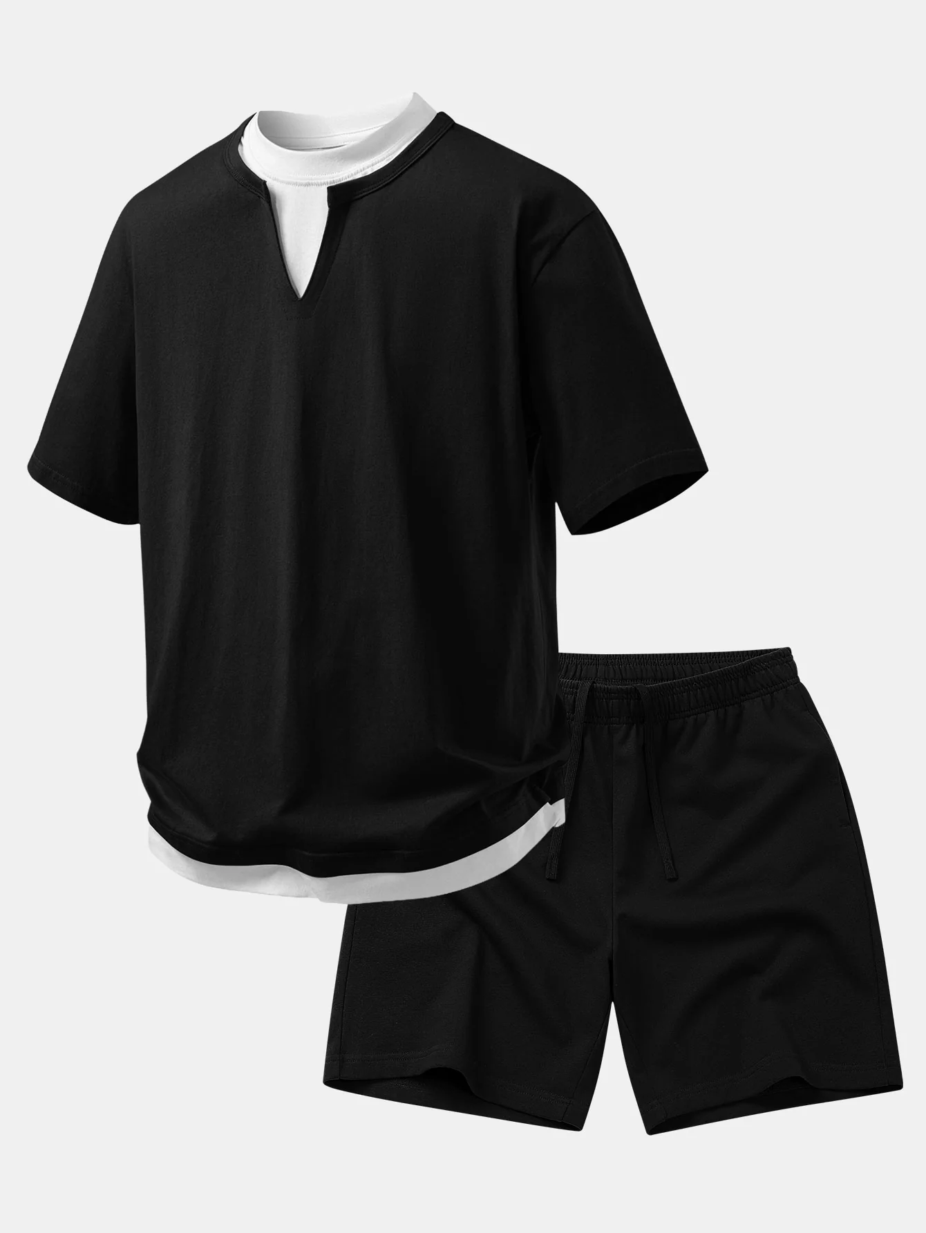 Relax Fit 2 In 1 Notched Collar T-Shirt & Cotton Drawstring 7" Shorts