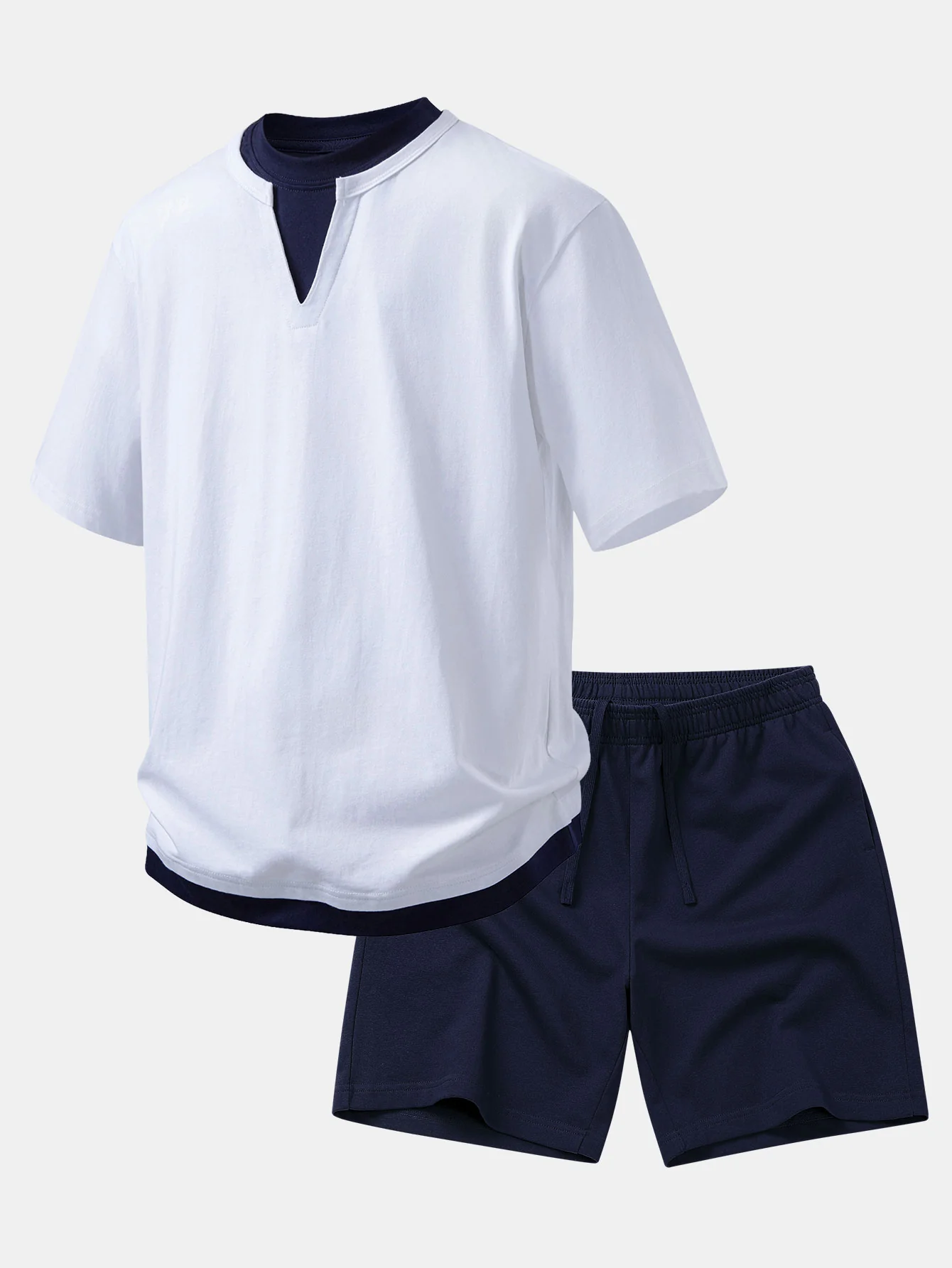 Relax Fit 2 In 1 Notched Collar T-Shirt & Cotton Drawstring 7" Shorts - Image 2