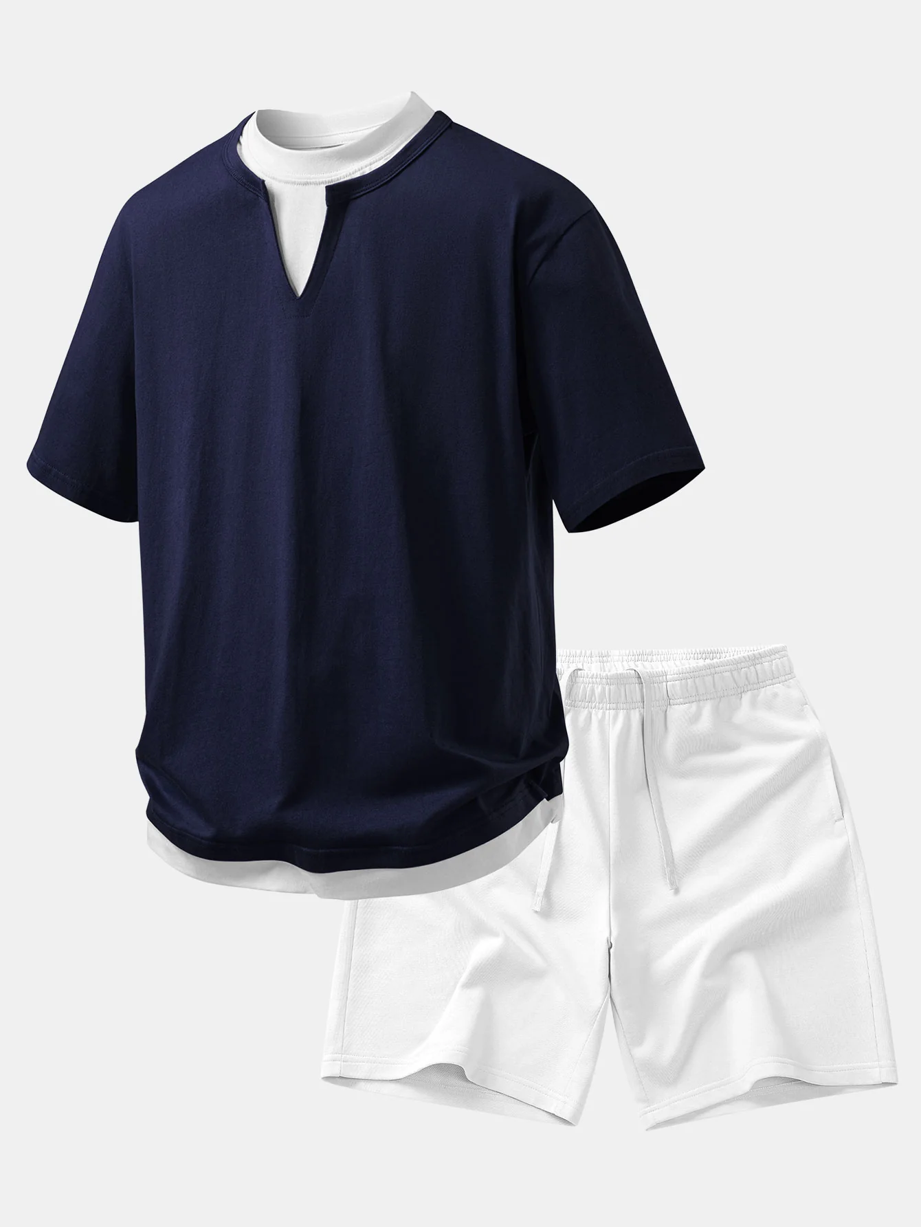 Relax Fit 2 In 1 Notched Collar T-Shirt & Cotton Drawstring 7" Shorts - Image 3