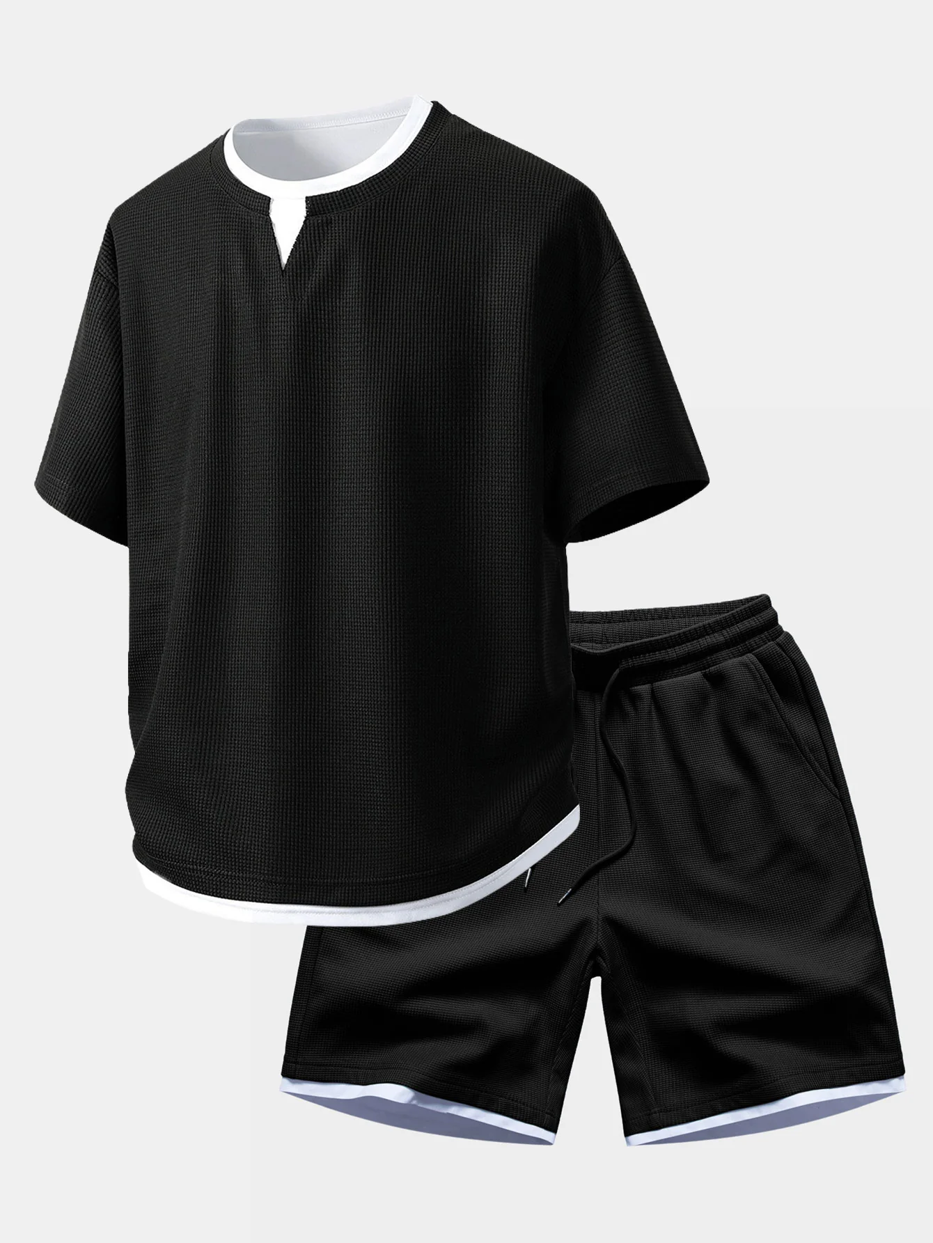 Relax Fit 2 In 1 Notched Collar Waffle T-Shirt & Waffle 7″‌ Shorts - Image 2