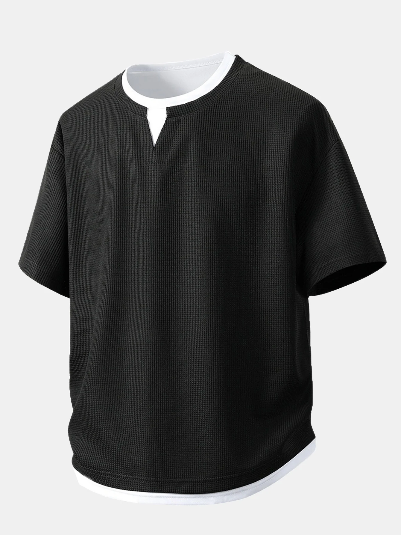 Relax Fit 2 In 1 Notched Collar Waffle T-Shirt & Waffle Pleated Pintuck Straight Leg Pants - Image 5
