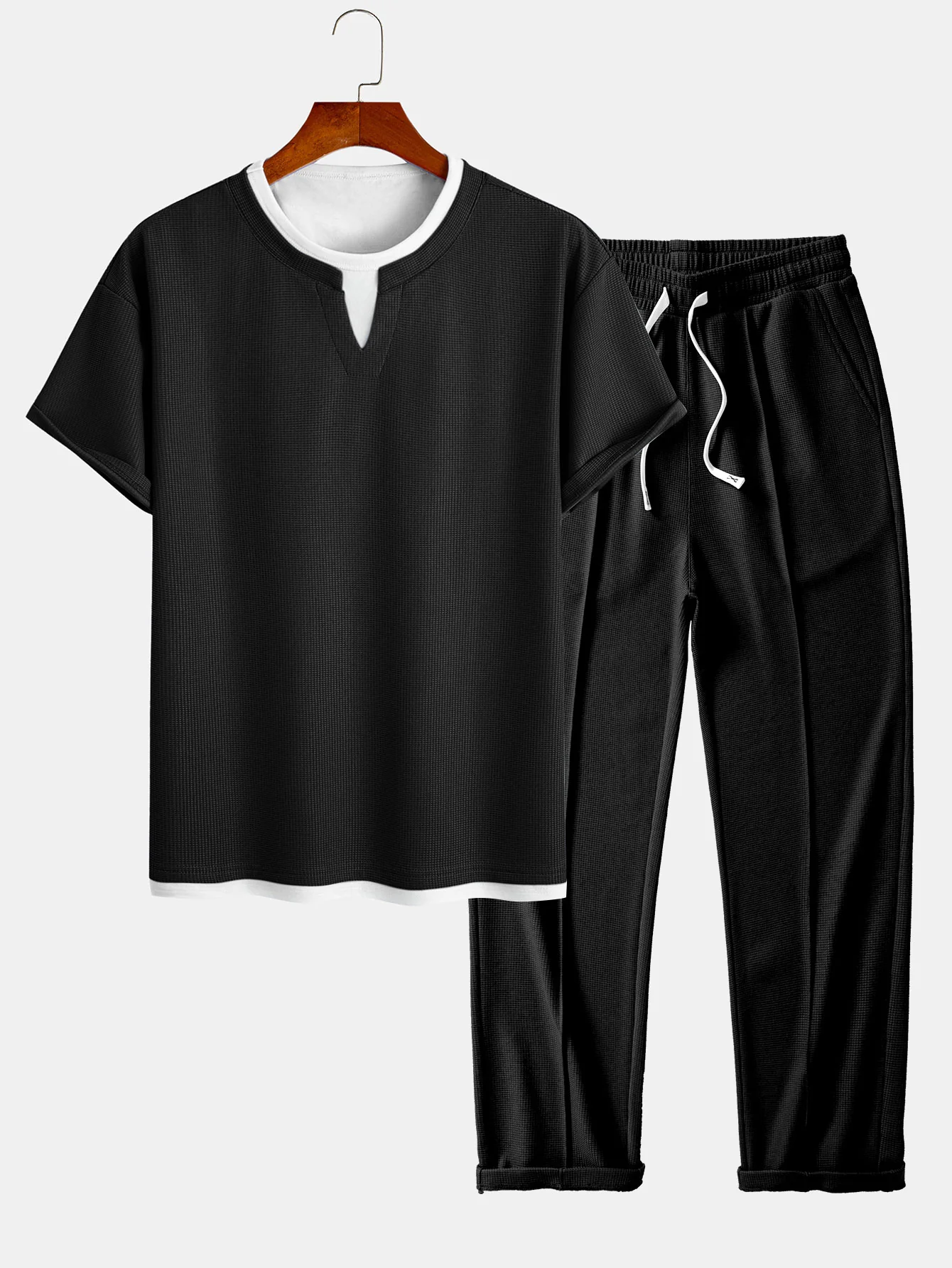 Relax Fit 2 In 1 Notched Collar Waffle T-Shirt & Waffle Pleated Pintuck Straight Leg Pants - Image 2