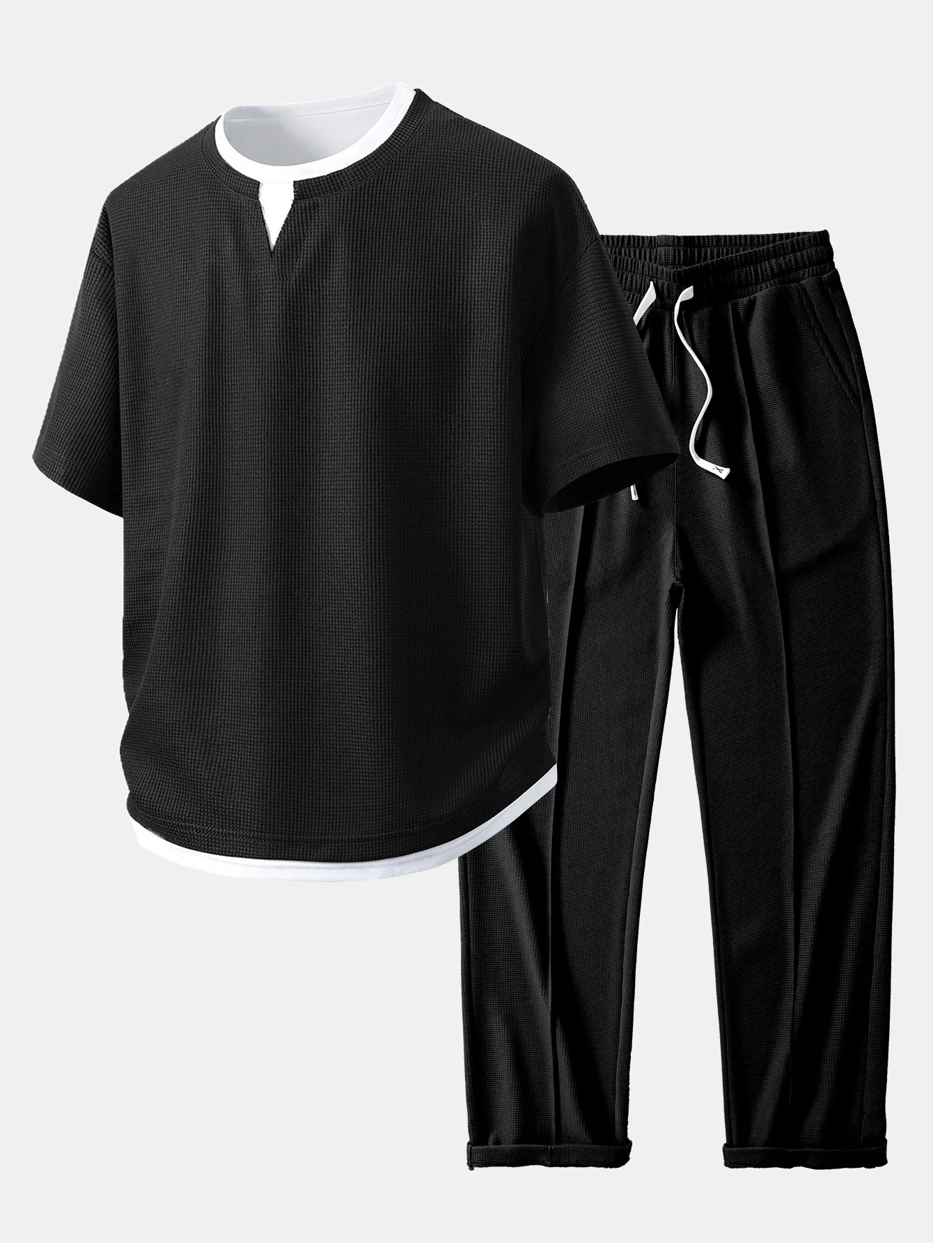 Relax Fit 2 In 1 Notched Collar Waffle T-Shirt & Waffle Pleated Pintuck Straight Leg Pants - Image 2