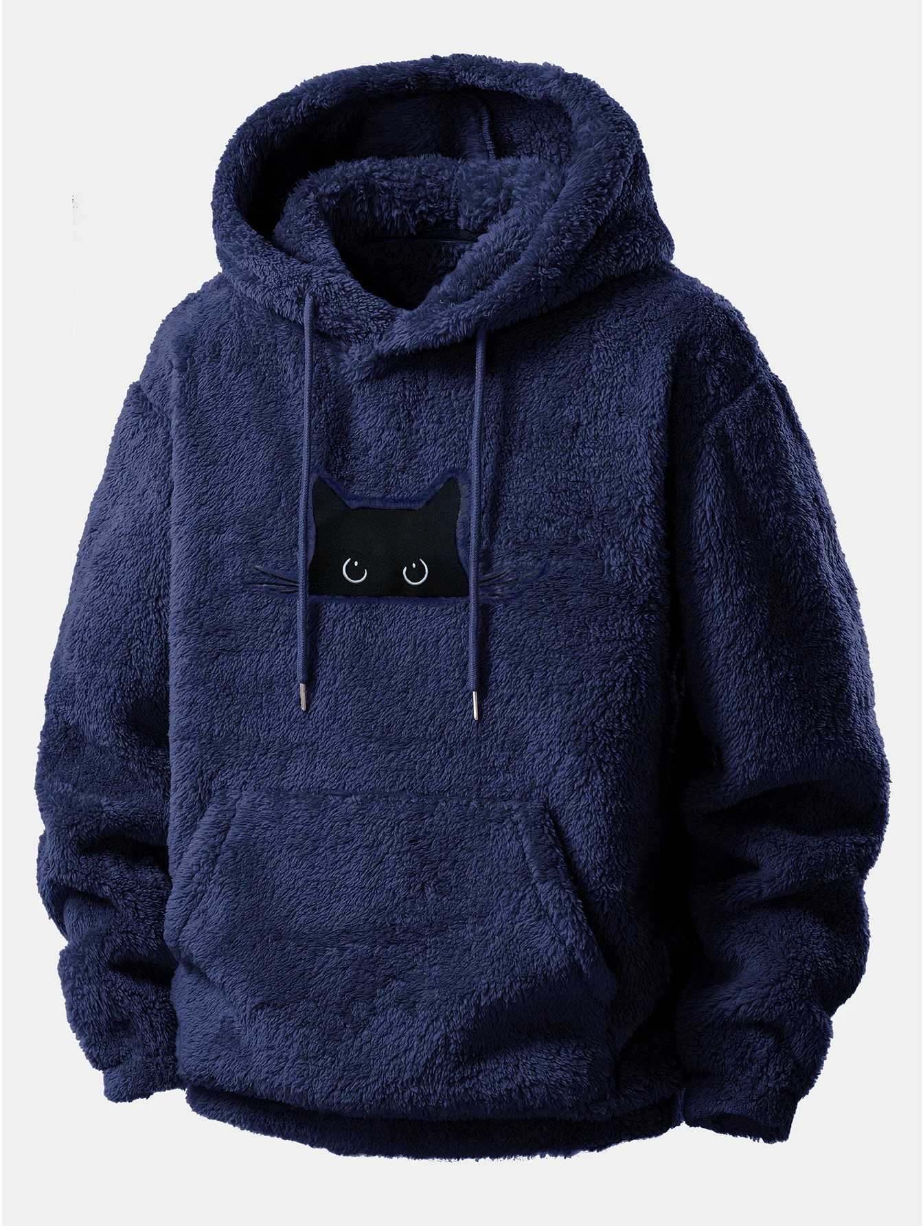 Relax Fit Black Cat Embroidered Teddy Hoodie - Image 3