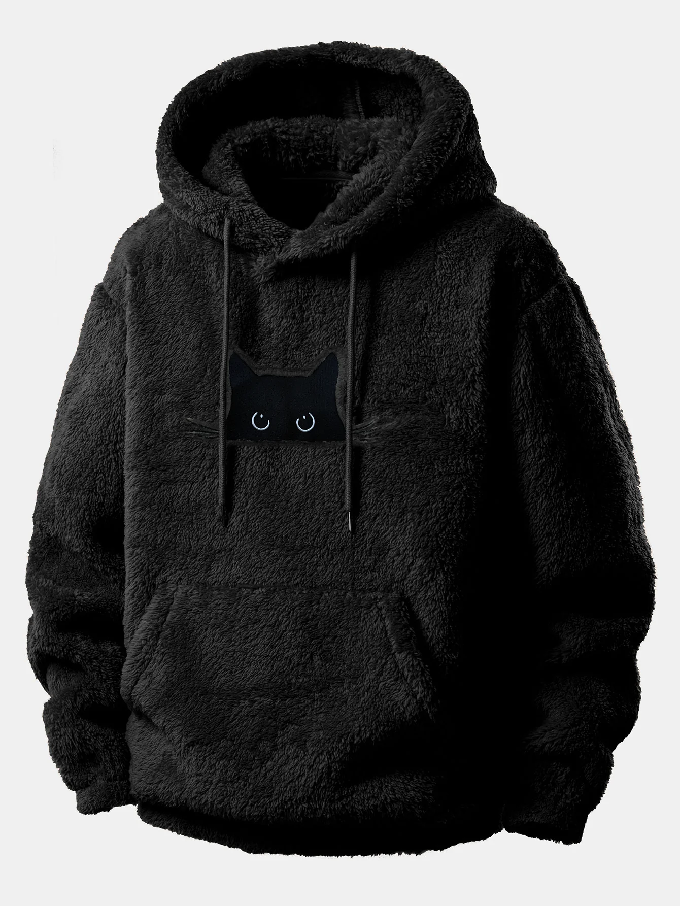 Relax Fit Black Cat Embroidered Teddy Hoodie - Image 4