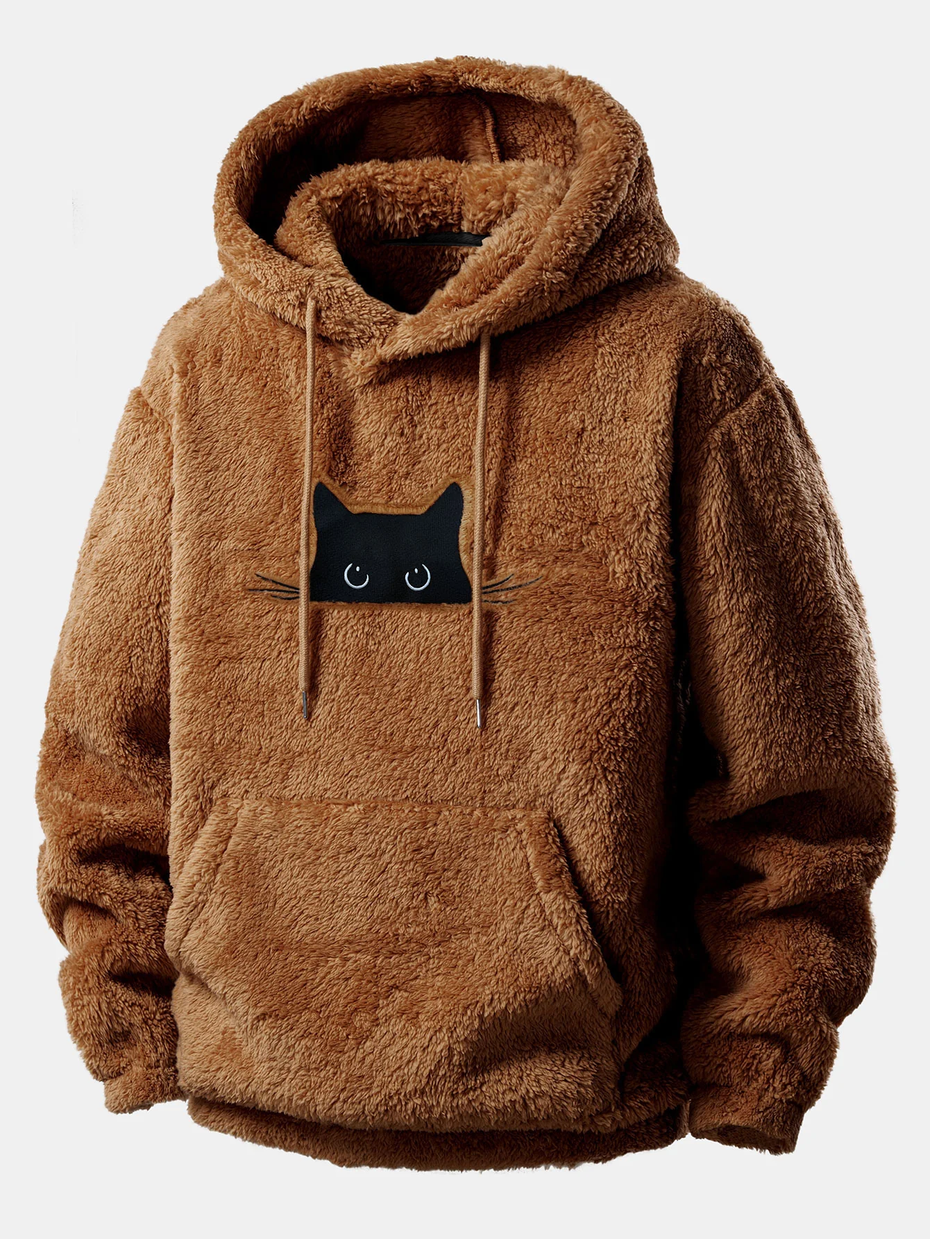 Relax Fit Black Cat Embroidered Teddy Hoodie - Image 5