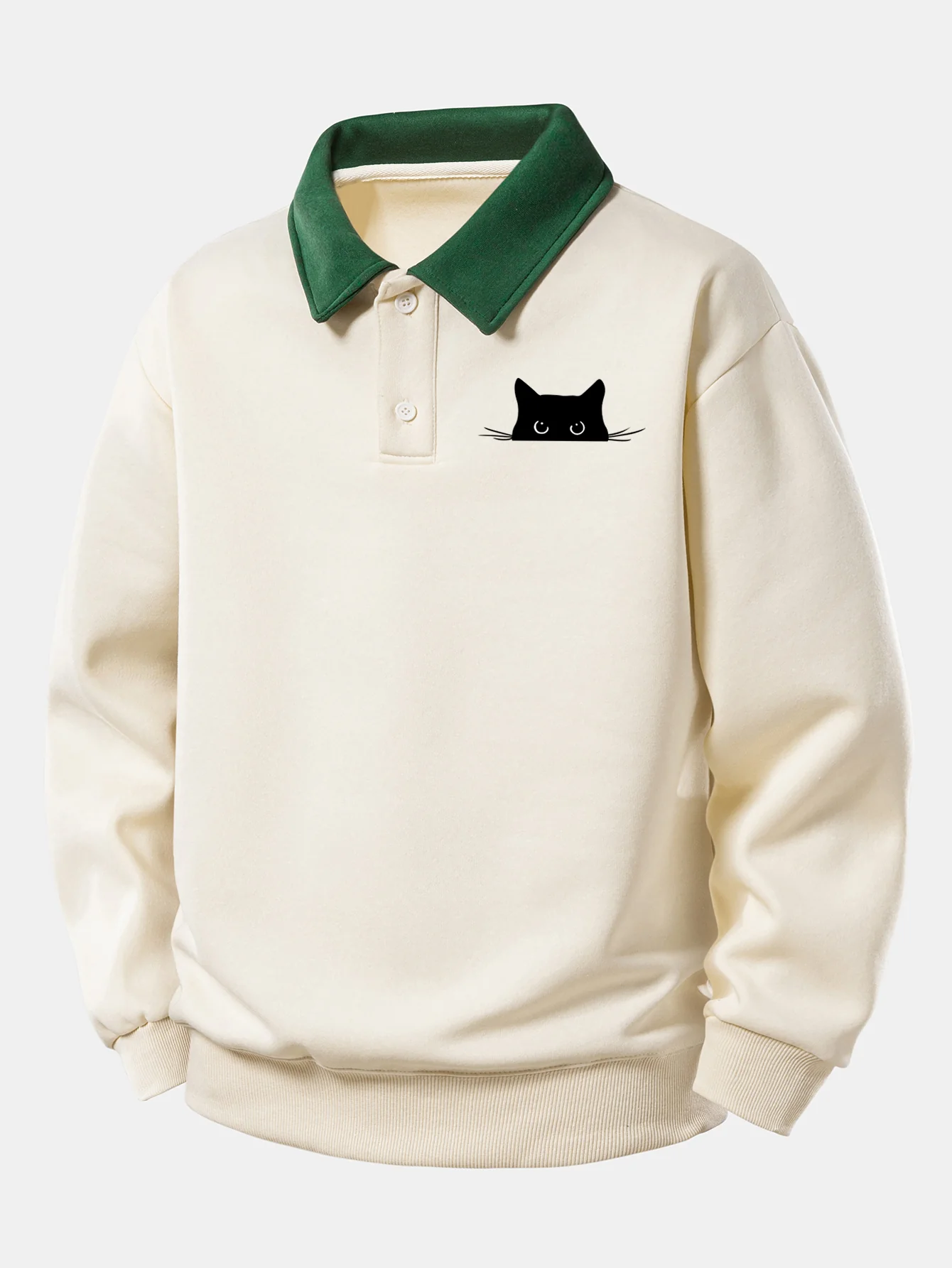 Relaxed Fit Schwarzes Katzenmotiv Kontrast Poloshirts Sweatshirt - Image 2